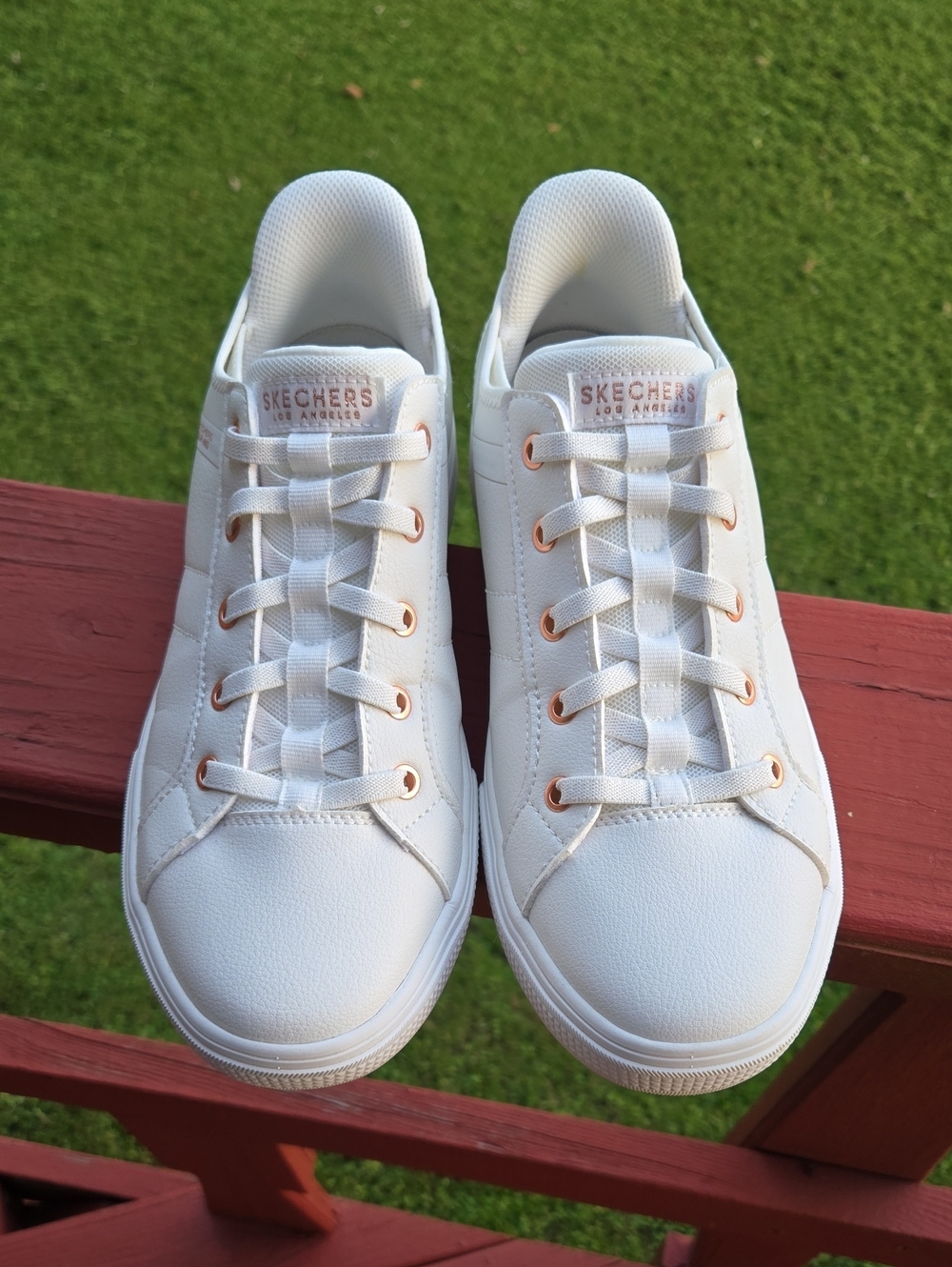 Skechers Women's White Sneakers with Rose Gold Eyelets Slip Ins 9.5